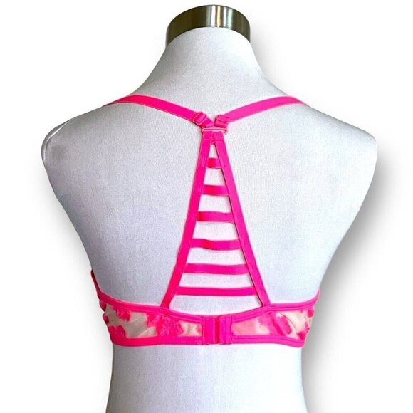 Victorias Secret 36C Bra Pink Tan Floral Lace Padded Push Up Underwire Racerback - Picture 5 of 7
